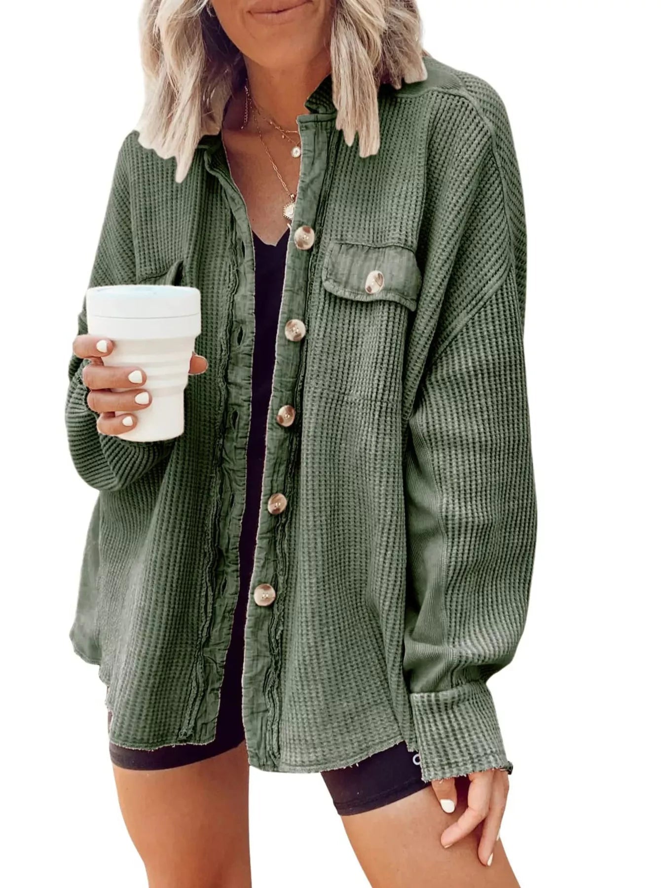 Oversized Waffle Knit Button-Up Jacket - Bitsy Gypsy Boutique