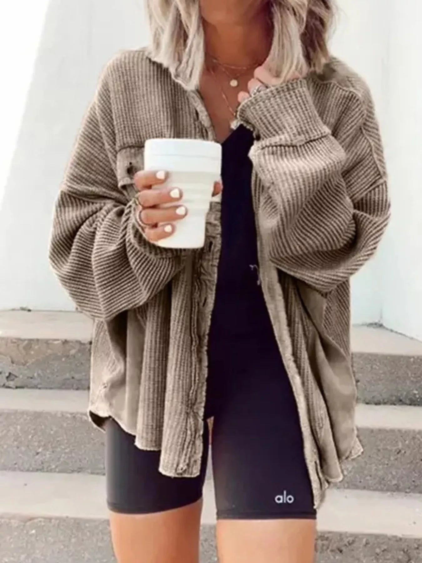 Oversized Waffle Knit Button-Up Jacket - Bitsy Gypsy Boutique