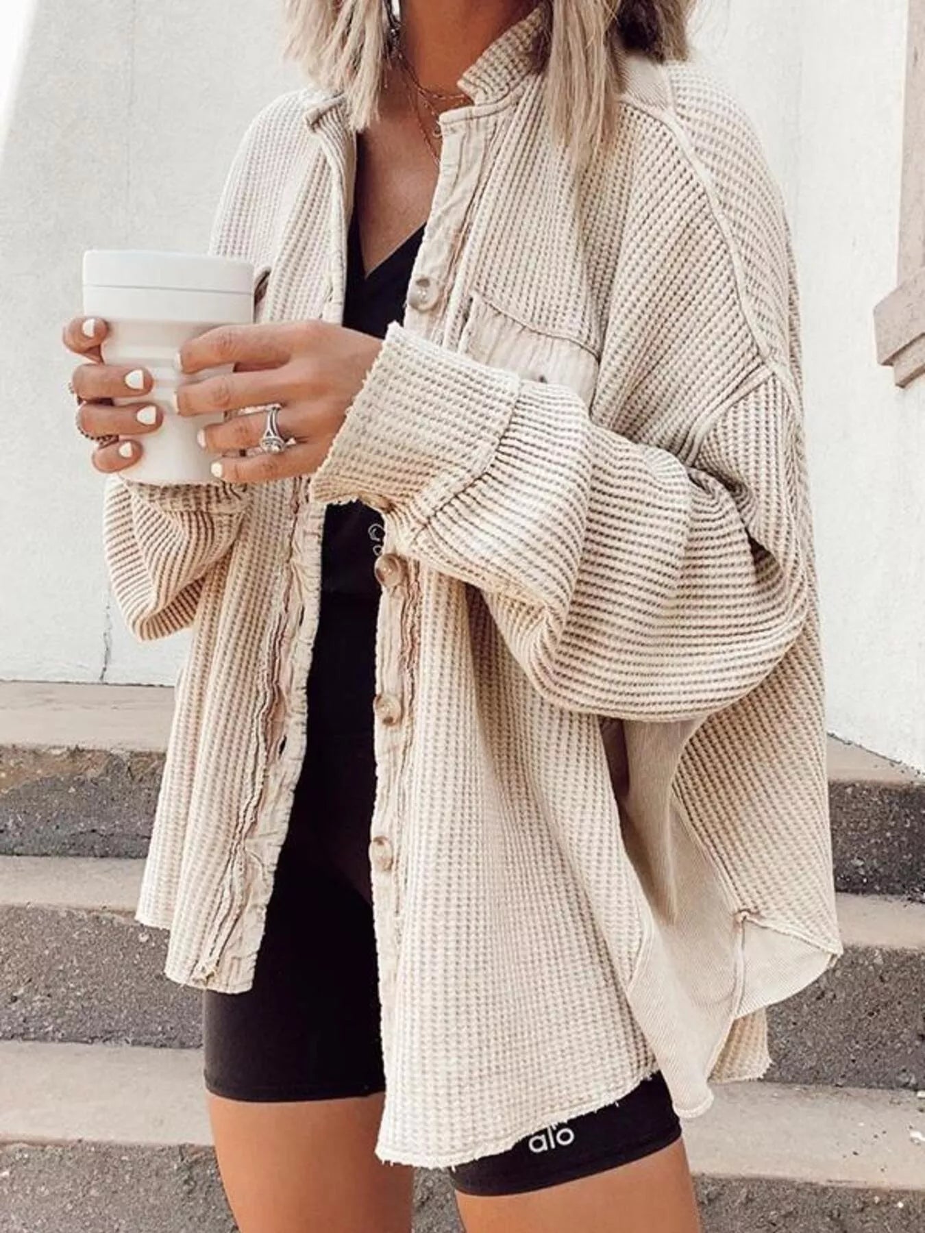Oversized Waffle Knit Button-Up Jacket - Bitsy Gypsy Boutique