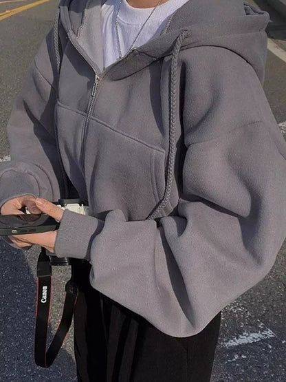 Oversized Zip-Up Cropped Hoodie - Bitsy Gypsy Boutique