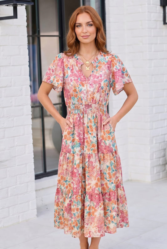 Paint and Sip Floral Tiered Midi Dress - Bitsy Gypsy Boutique