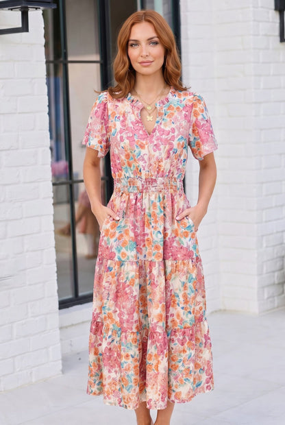 Paint and Sip Floral Tiered Midi Dress - Bitsy Gypsy Boutique