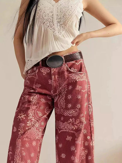 Paisley Print Wide-Leg Pocketed Jeans - Bitsy Gypsy Boutique