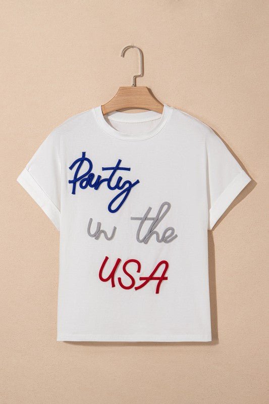 Party in the USA Cord Embroidered Graphic T-Shirt - Bitsy Gypsy Boutique