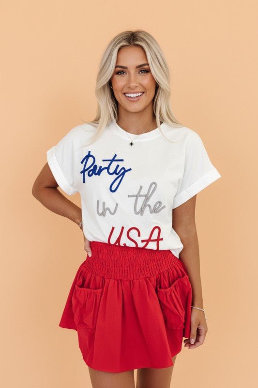 Party in the USA Cord Embroidered Graphic T-Shirt - Bitsy Gypsy Boutique
