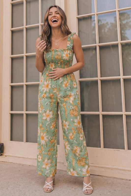 Party Ready Jumpsuit in Green Floral Bliss - Bitsy Gypsy Boutique