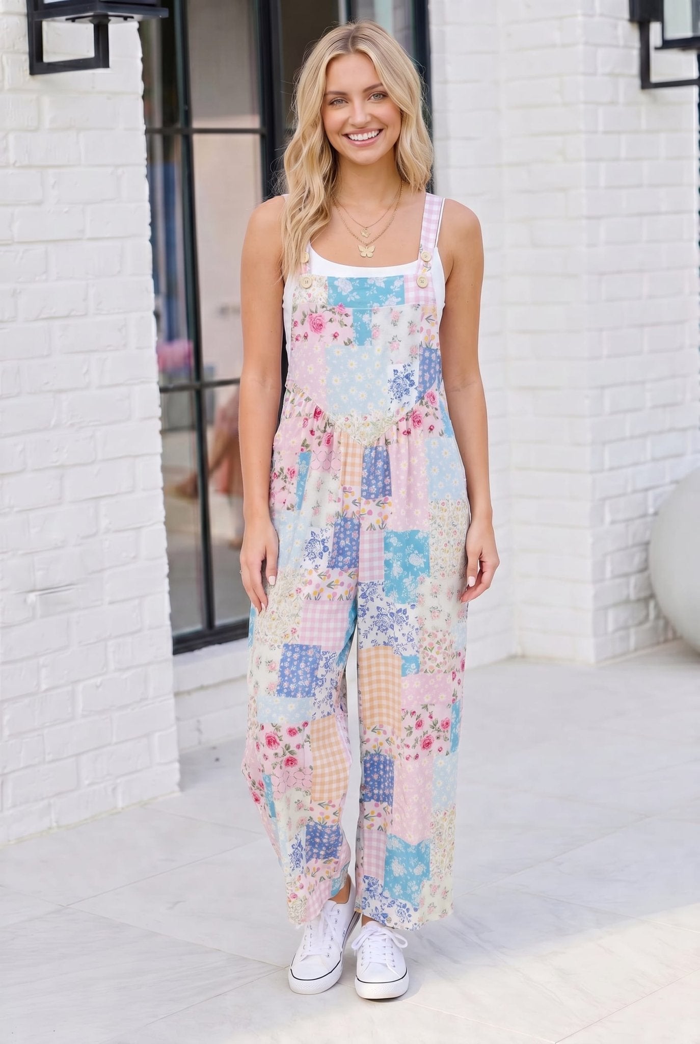 Pastel Patchwork Floral Wide Leg Overalls - Bitsy Gypsy Boutique