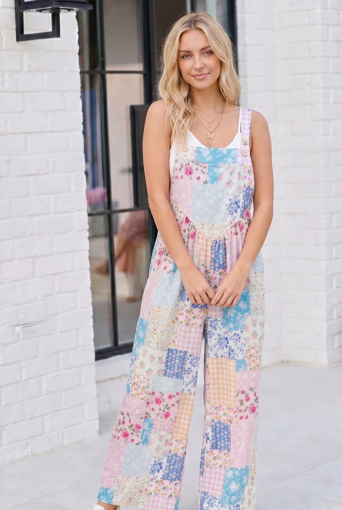 Pastel Patchwork Floral Wide Leg Overalls - Bitsy Gypsy Boutique