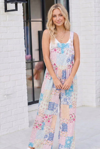 Pastel Patchwork Floral Wide Leg Overalls - Bitsy Gypsy Boutique