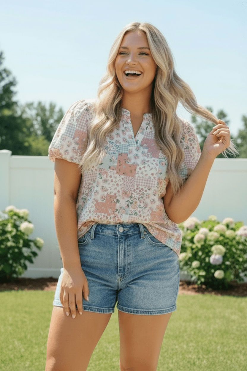 Patchwork Floral Puff Sleeve Top - Bitsy Gypsy Boutique