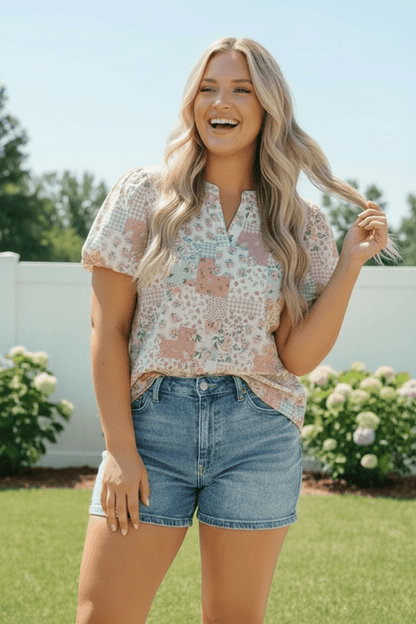Patchwork Floral Puff Sleeve Top - Bitsy Gypsy Boutique