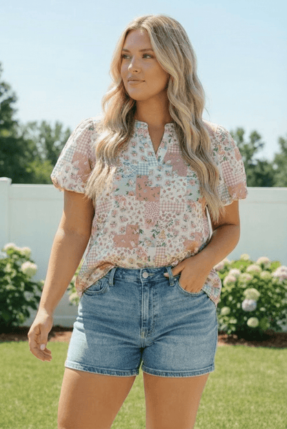 Patchwork Floral Puff Sleeve Top - Bitsy Gypsy Boutique