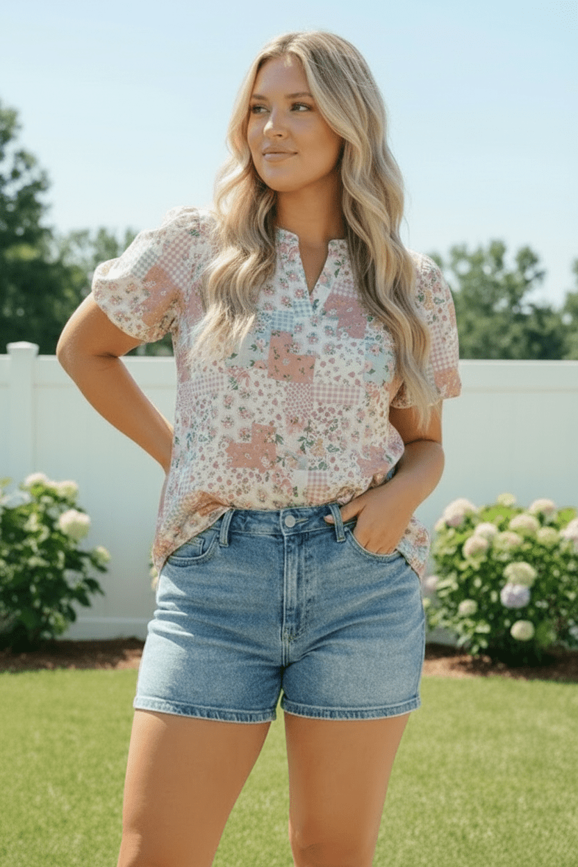Patchwork Floral Puff Sleeve Top - Bitsy Gypsy Boutique