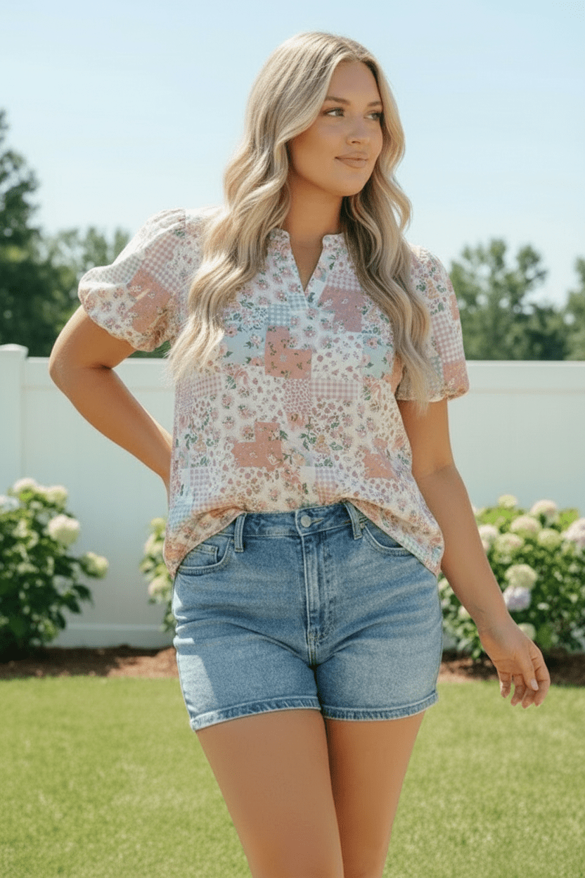 Patchwork Floral Puff Sleeve Top - Bitsy Gypsy Boutique