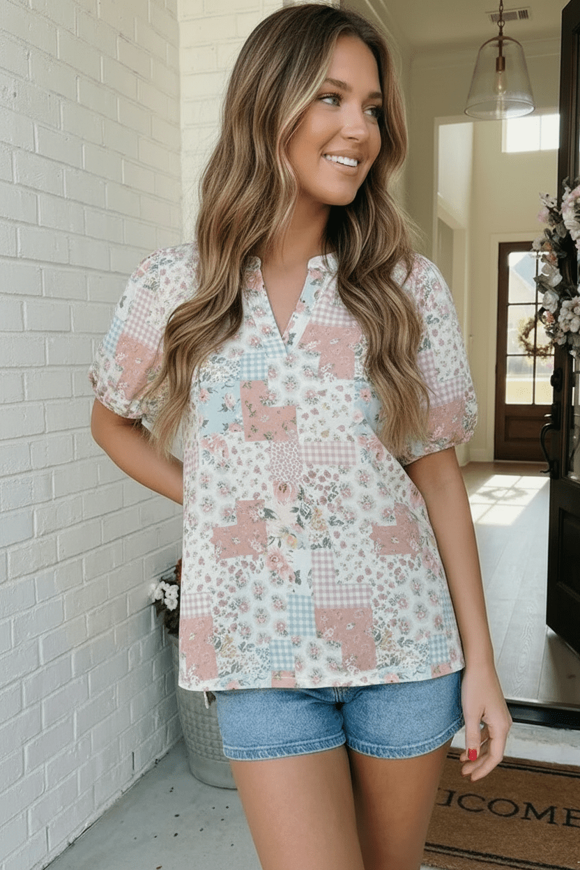 Patchwork Floral Puff Sleeve Top - Bitsy Gypsy Boutique
