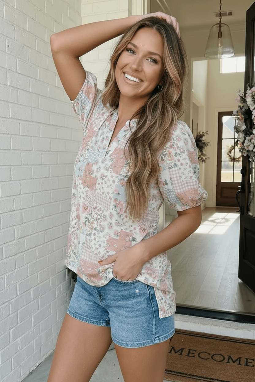 Patchwork Floral Puff Sleeve Top - Bitsy Gypsy Boutique