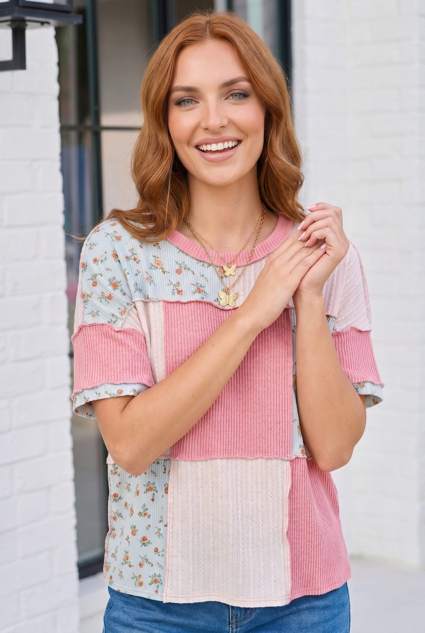 Patchwork Floral Ruffle Top in Pink and Blue - Bitsy Gypsy Boutique