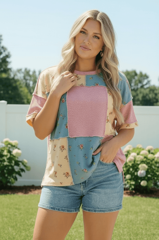 Patchwork Floral Waffle Knit Top - Bitsy Gypsy Boutique
