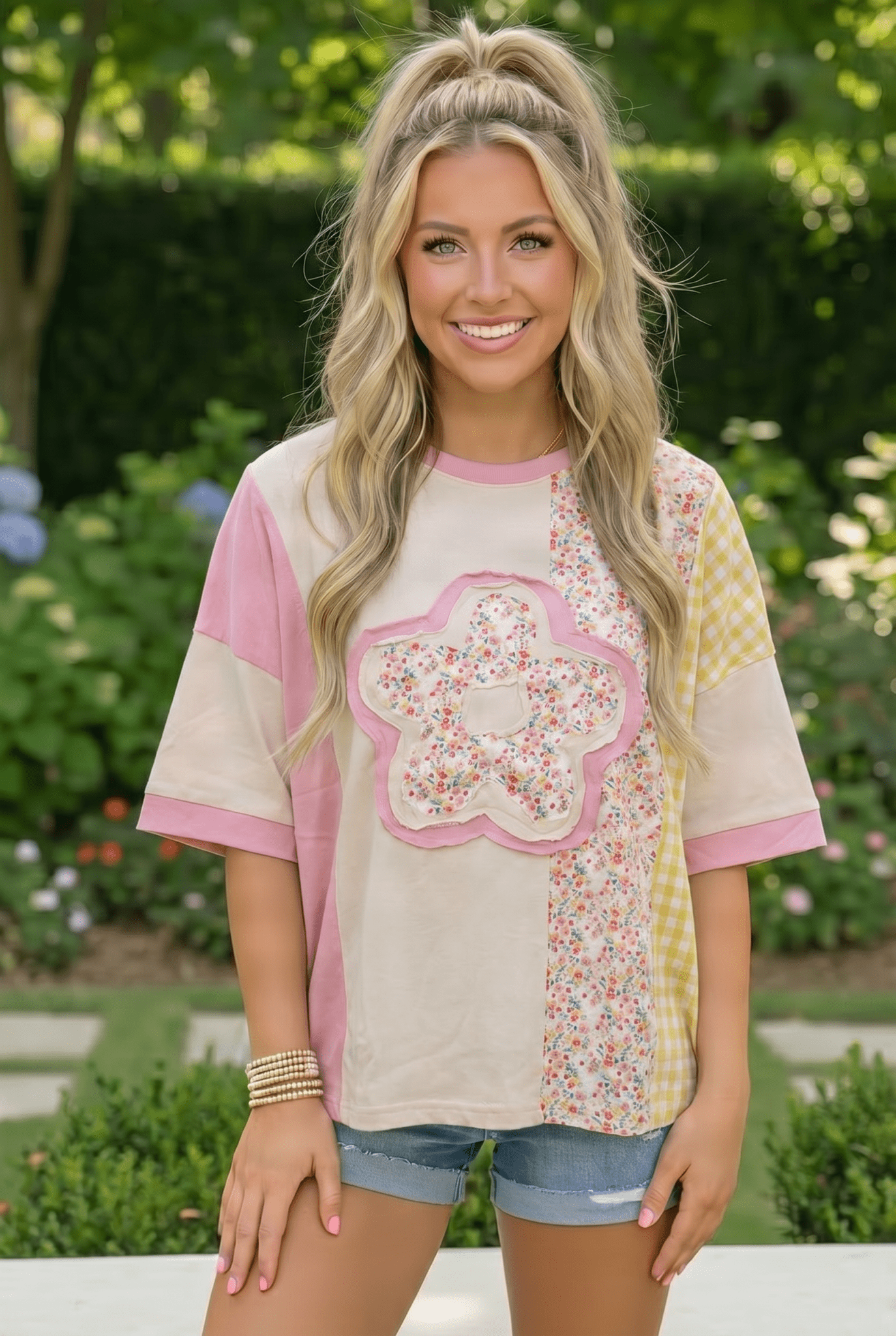 Patchwork Flower Oversized Tee in Pink and Yellow - Bitsy Gypsy Boutique