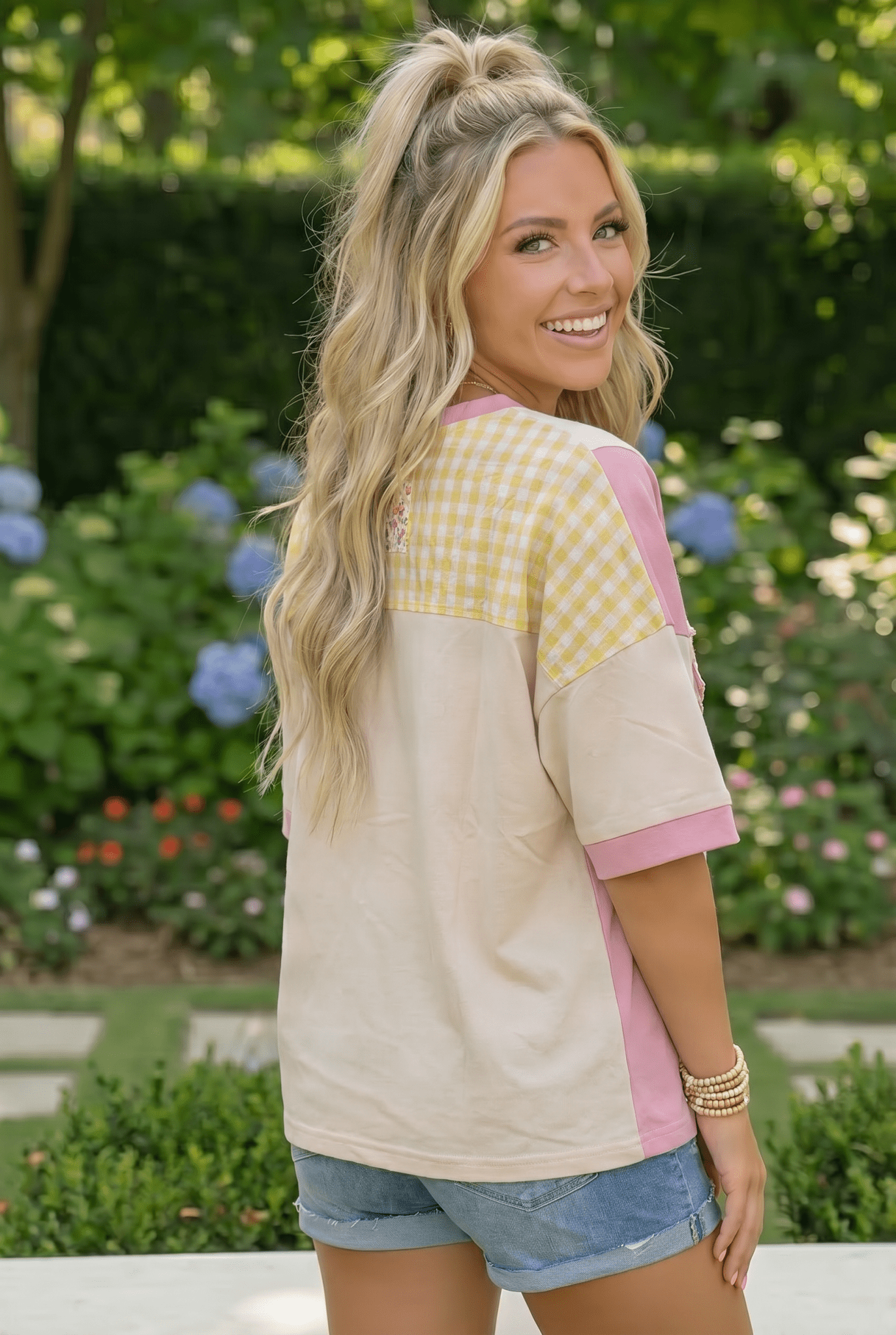 Patchwork Flower Oversized Tee in Pink and Yellow - Bitsy Gypsy Boutique