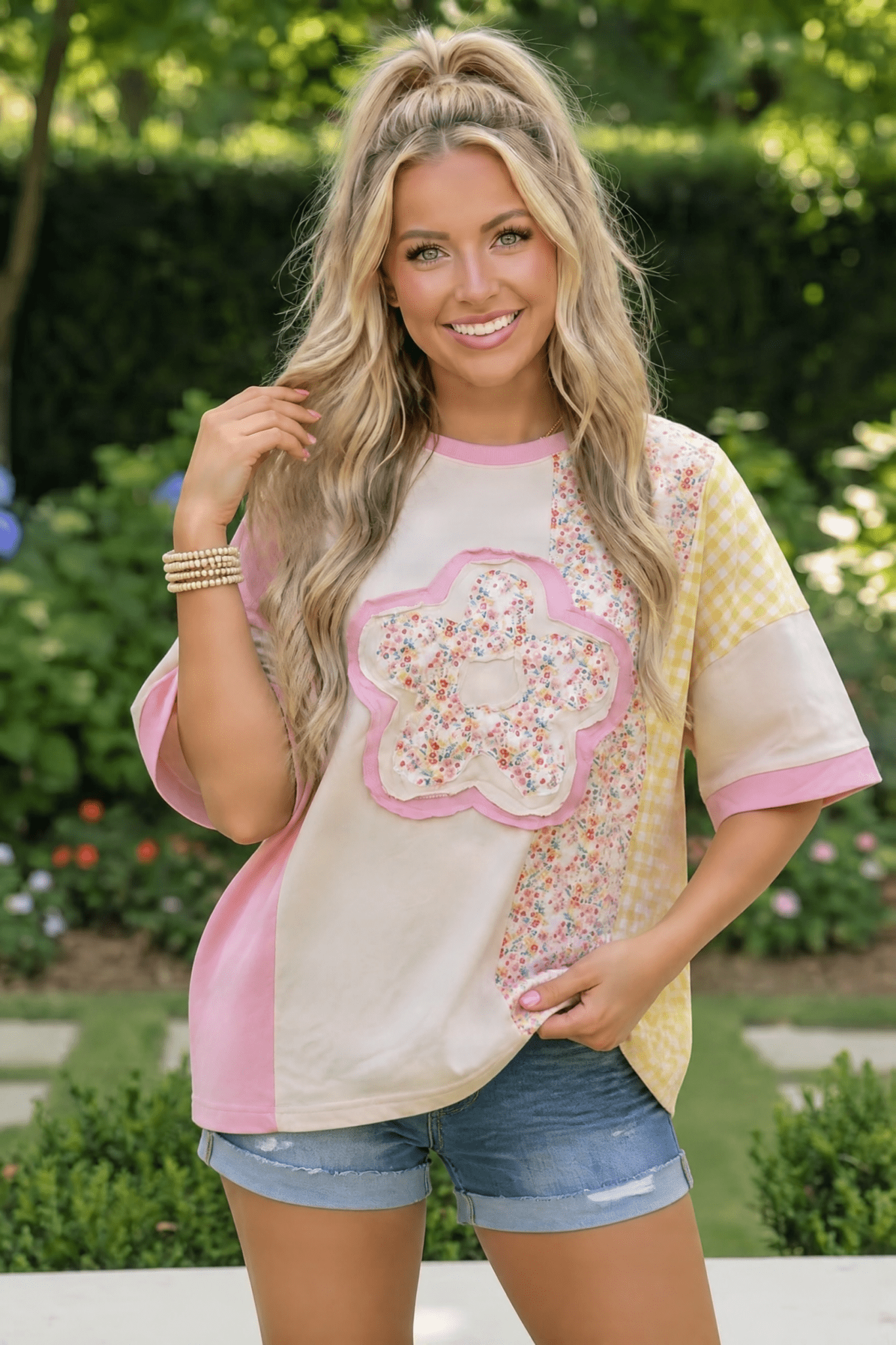 Patchwork Flower Oversized Tee in Pink and Yellow - Bitsy Gypsy Boutique