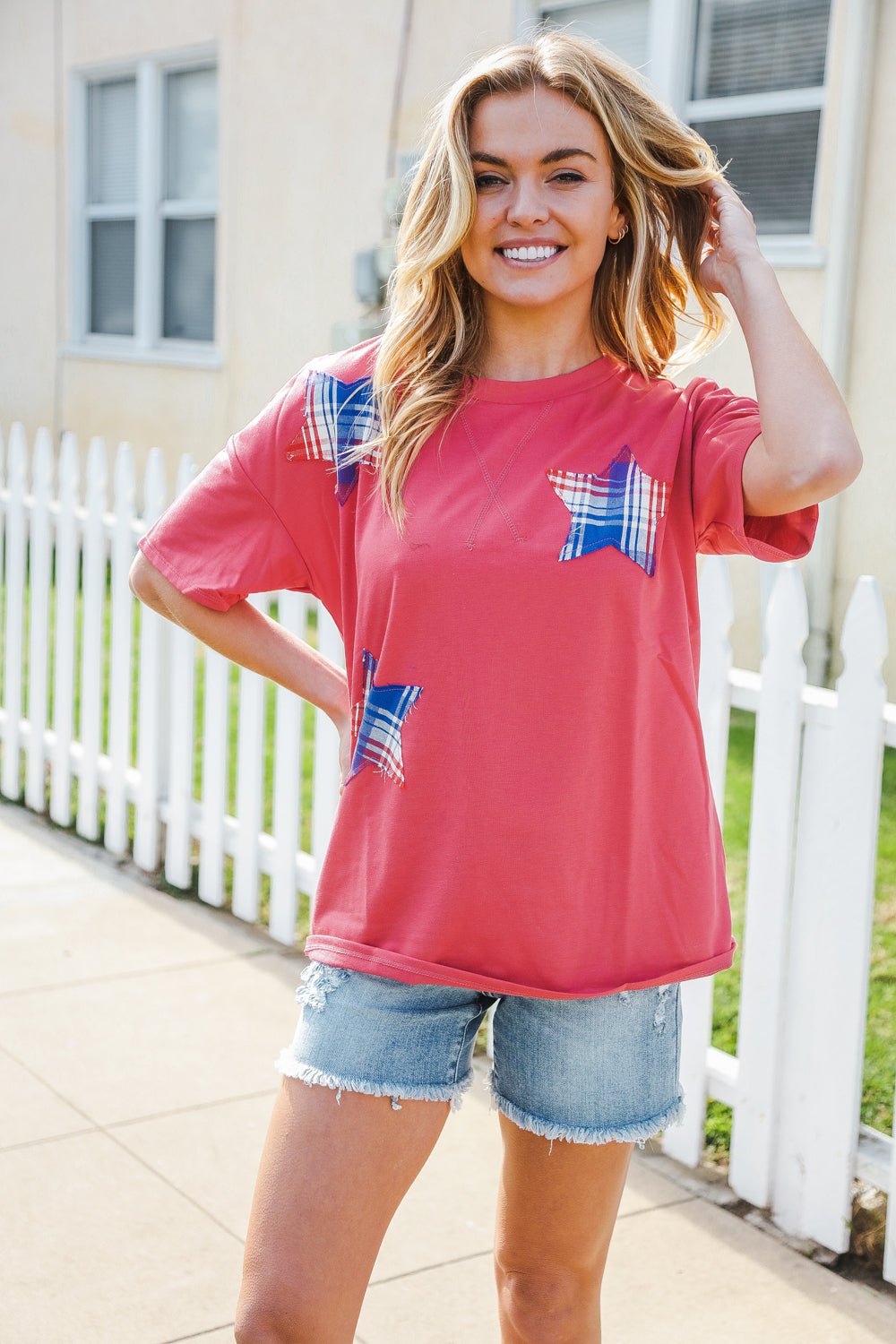 Patriotic Red Fench Terry Plaid Star Patch Top - Bitsy Gypsy Boutique