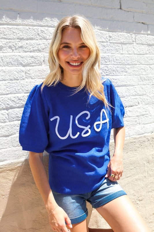 Patriotic USA Blue Knit Embroidery Puff Sleeve Sweater Top - Bitsy Gypsy Boutique