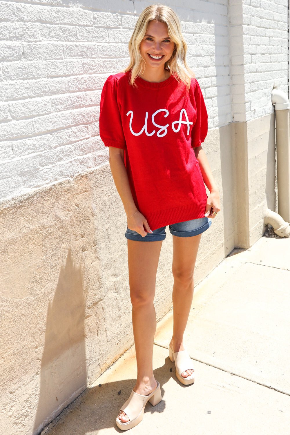 Patriotic USA Red Knit Embroidery Puff Sleeve Sweater Top - Bitsy Gypsy Boutique