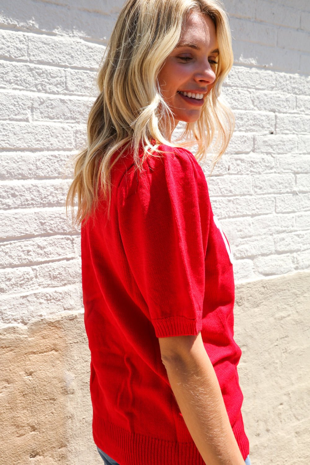 Patriotic USA Red Knit Embroidery Puff Sleeve Sweater Top - Bitsy Gypsy Boutique