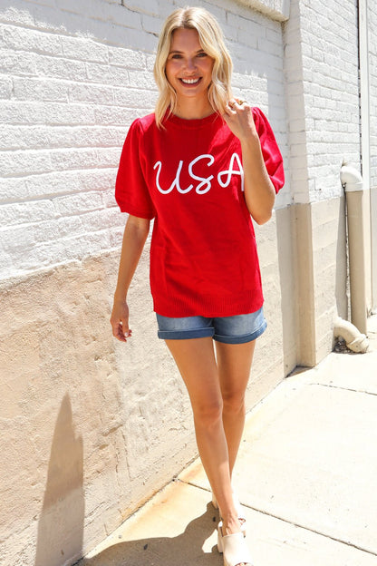Patriotic USA Red Knit Embroidery Puff Sleeve Sweater Top - Bitsy Gypsy Boutique