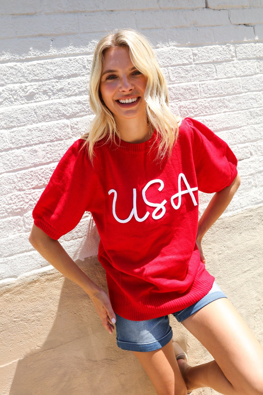 Patriotic USA Red Knit Embroidery Puff Sleeve Sweater Top - Bitsy Gypsy Boutique