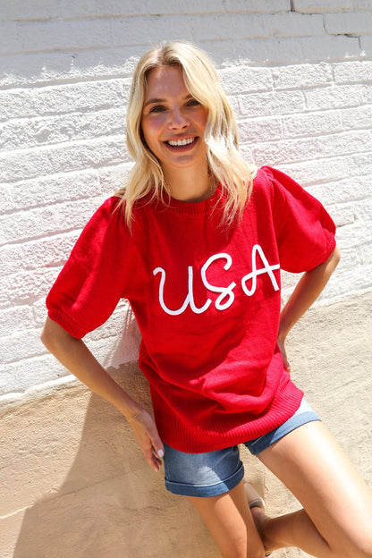 Patriotic USA Red Knit Embroidery Puff Sleeve Sweater Top - Bitsy Gypsy Boutique