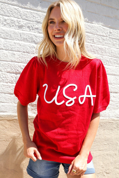 Patriotic USA Red Knit Embroidery Puff Sleeve Sweater Top - Bitsy Gypsy Boutique