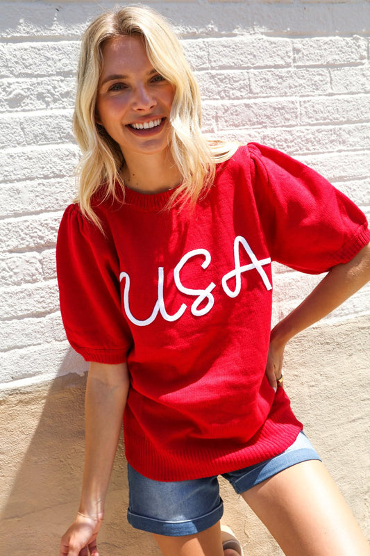 Patriotic USA Red Knit Embroidery Puff Sleeve Sweater Top - Bitsy Gypsy Boutique
