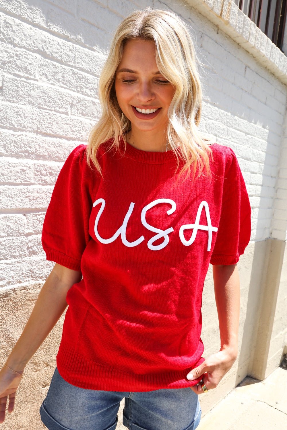 Patriotic USA Red Knit Embroidery Puff Sleeve Sweater Top - Bitsy Gypsy Boutique