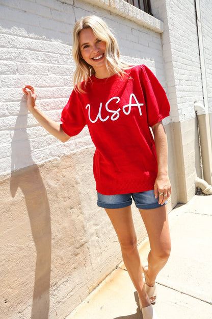 Patriotic USA Red Knit Embroidery Puff Sleeve Sweater Top - Bitsy Gypsy Boutique