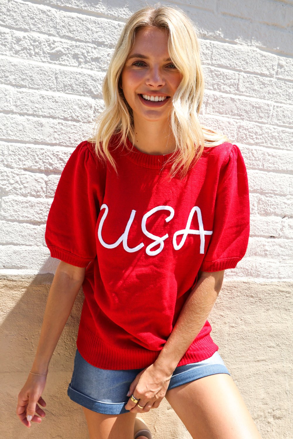 Patriotic USA Red Knit Embroidery Puff Sleeve Sweater Top - Bitsy Gypsy Boutique