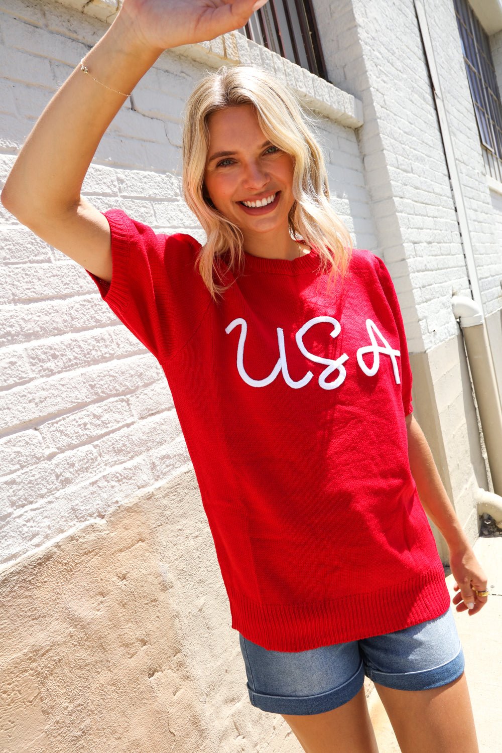 Patriotic USA Red Knit Embroidery Puff Sleeve Sweater Top - Bitsy Gypsy Boutique