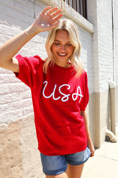 Patriotic USA Red Knit Embroidery Puff Sleeve Sweater Top - Bitsy Gypsy Boutique