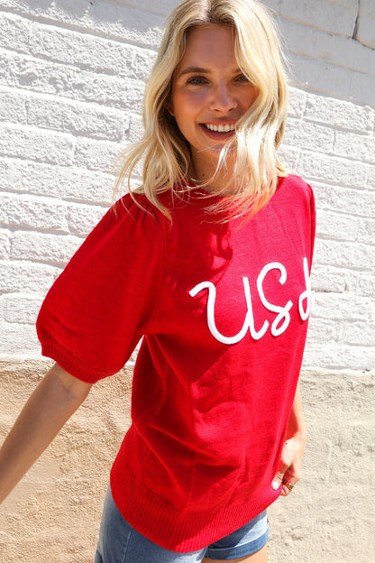 Patriotic USA Red Knit Embroidery Puff Sleeve Sweater Top - Bitsy Gypsy Boutique