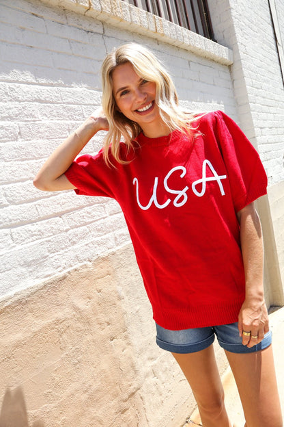 Patriotic USA Red Knit Embroidery Puff Sleeve Sweater Top - Bitsy Gypsy Boutique