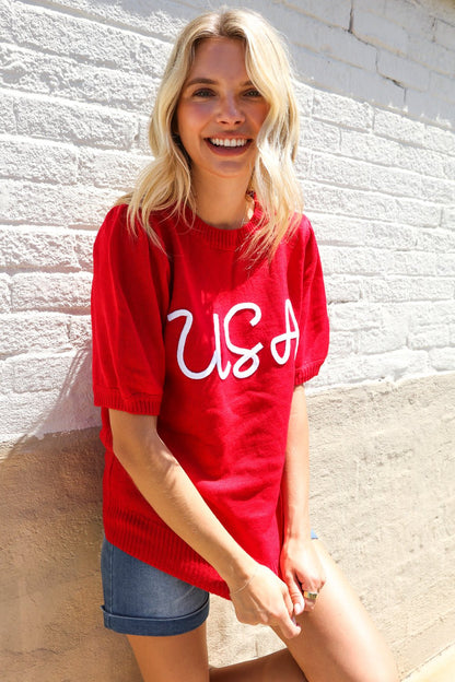 Patriotic USA Red Knit Embroidery Puff Sleeve Sweater Top - Bitsy Gypsy Boutique