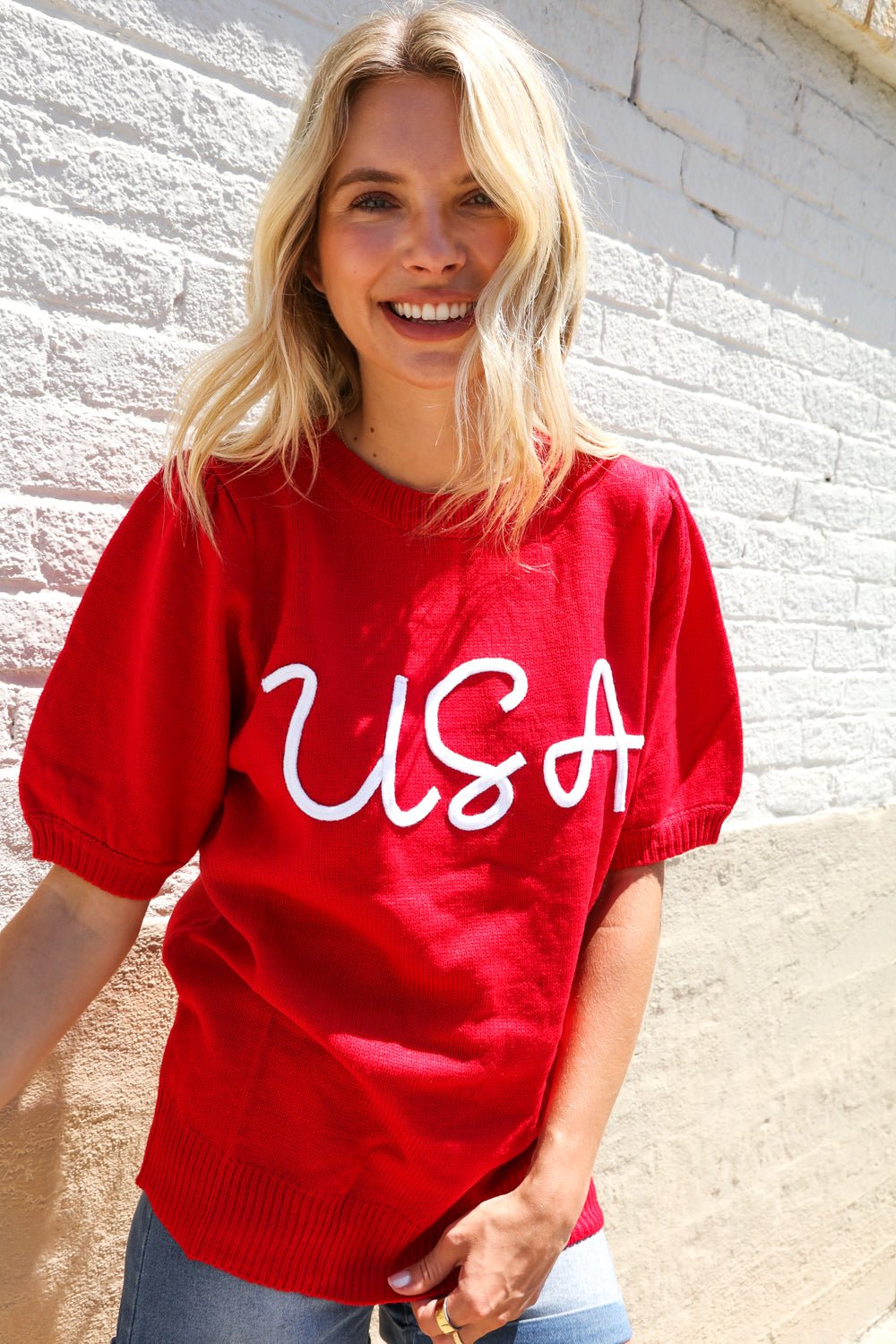Patriotic USA Red Knit Embroidery Puff Sleeve Sweater Top - Bitsy Gypsy Boutique