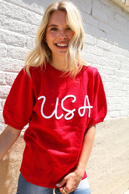 Patriotic USA Red Knit Embroidery Puff Sleeve Sweater Top - Bitsy Gypsy Boutique