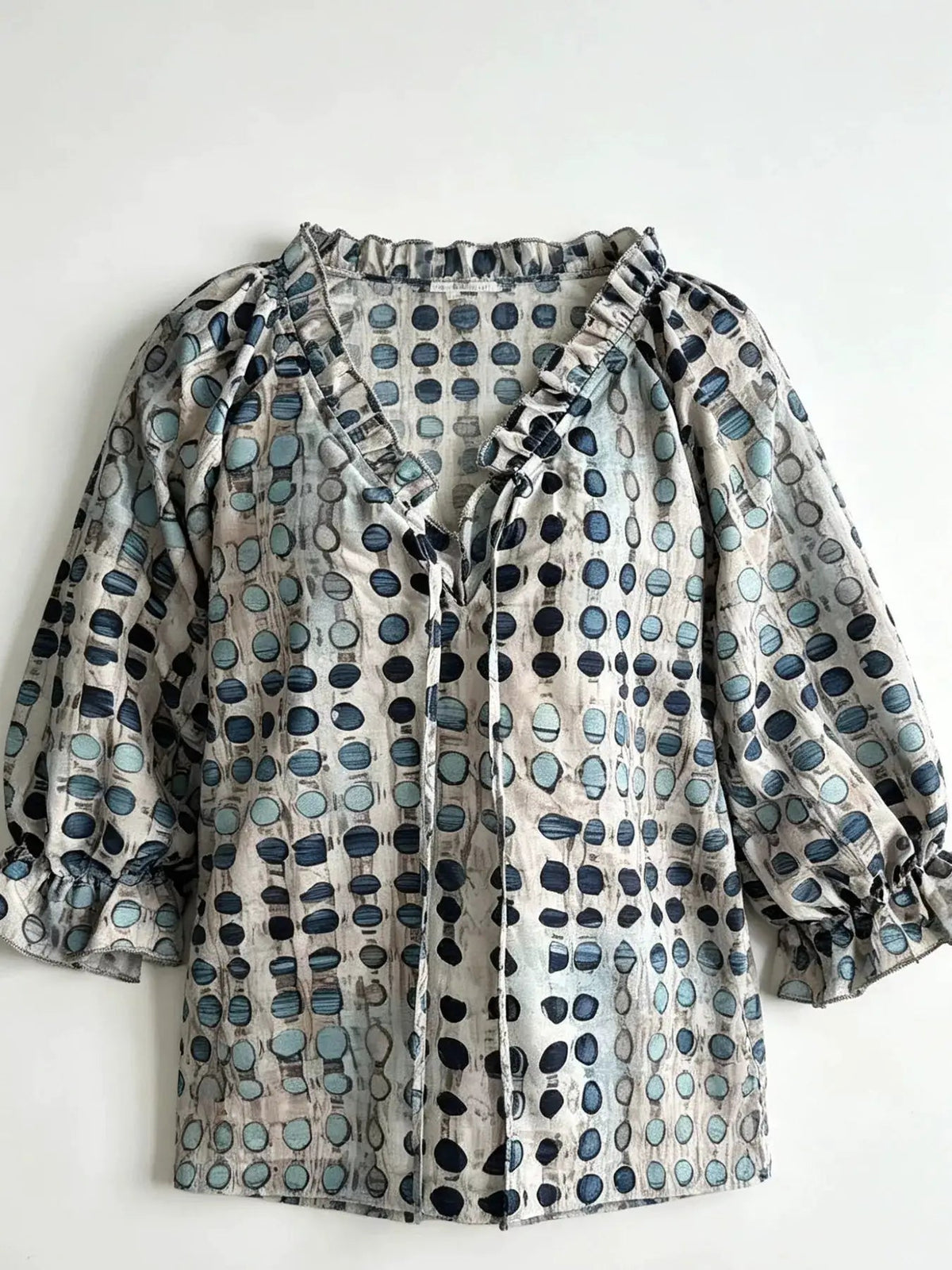 Patterned Tie Neck Ruffled 3/4 Sleeve Blouse Plus Size - Bitsy Gypsy Boutique