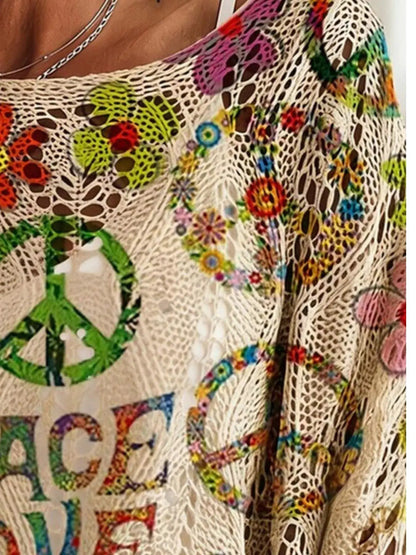 Peace Love Floral Print Openwork Knit Top - Bitsy Gypsy Boutique