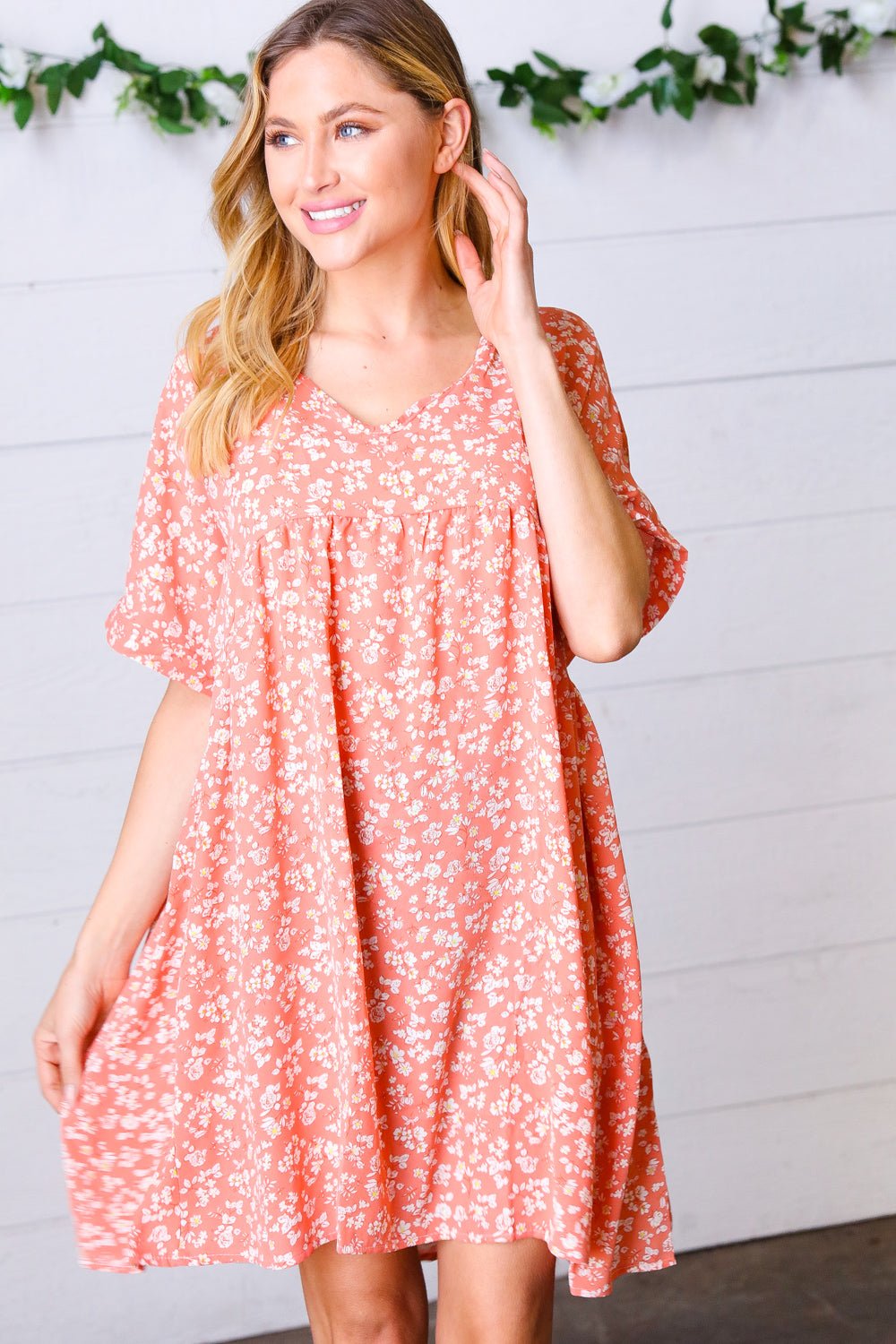 Peach Ditzy Floral Woven Dolman V Neck Dress - Bitsy Gypsy Boutique