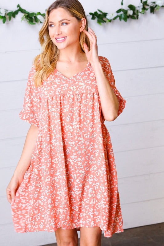 Peach Ditzy Floral Woven Dolman V Neck Dress - Bitsy Gypsy Boutique
