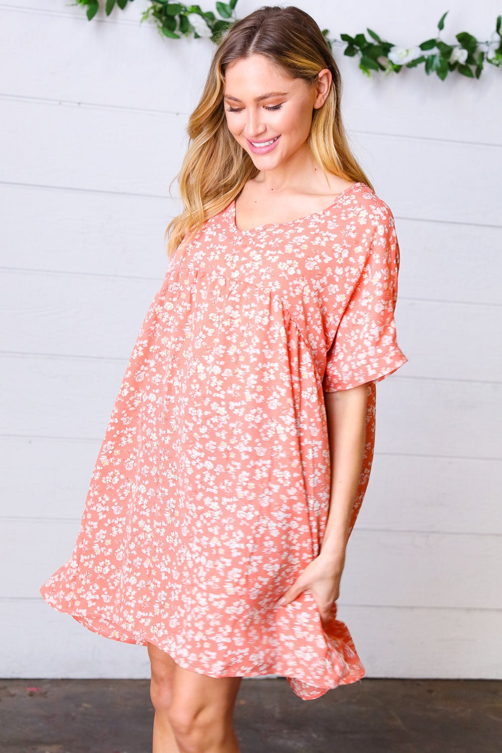 Peach Ditzy Floral Woven Dolman V Neck Dress - Bitsy Gypsy Boutique
