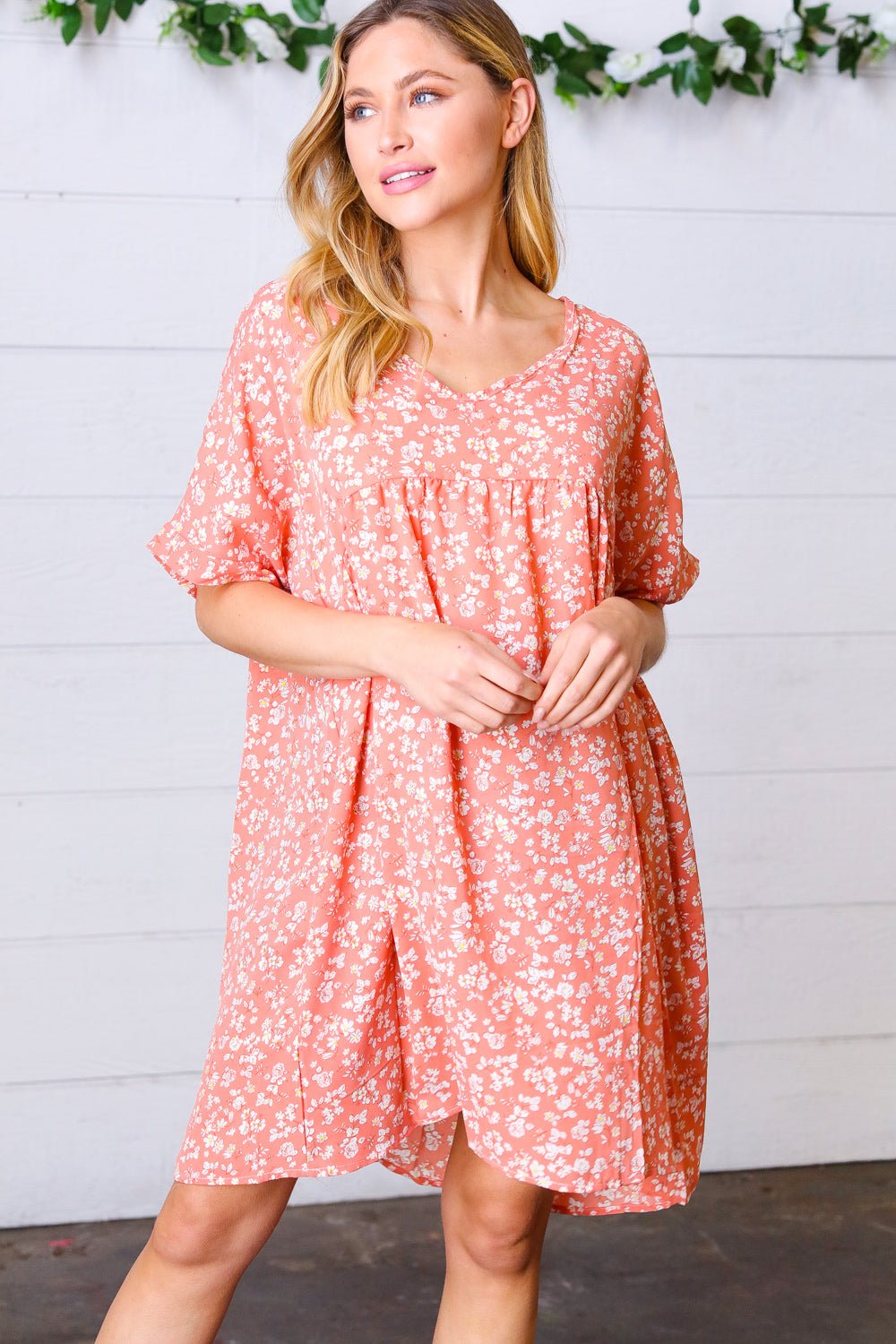 Peach Ditzy Floral Woven Dolman V Neck Dress - Bitsy Gypsy Boutique